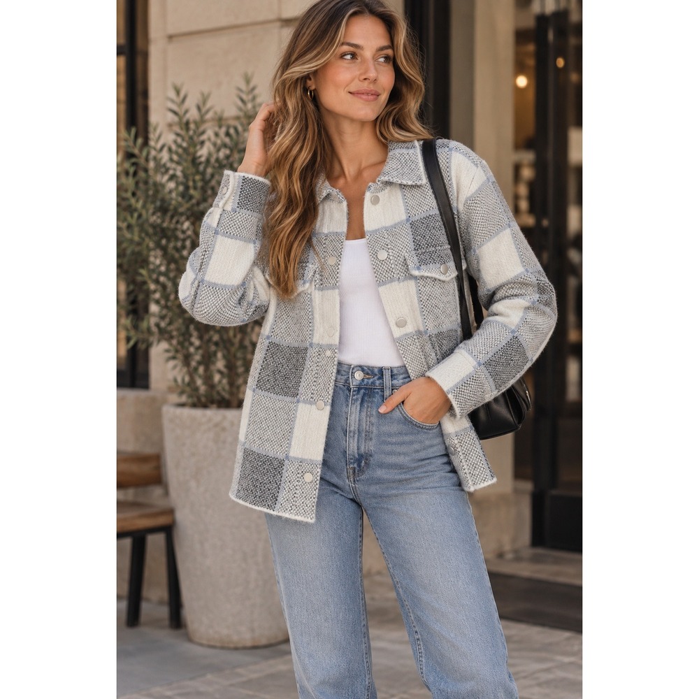 Rachel Zoe Shacket Womens‎ XS Blue White Plaid Knit Fuzzy Button Up